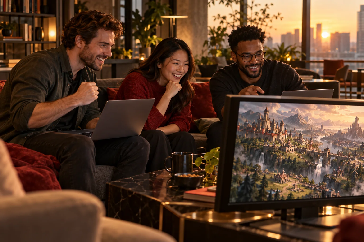 Concept art of coworkers enjoying a strategy video game together during a break
