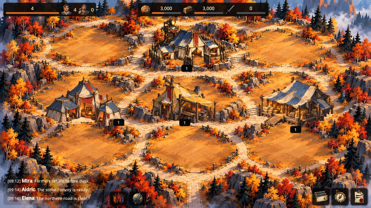 Actual desktop Alpha screenshot showing the Muster Pieces of War city and resource interface